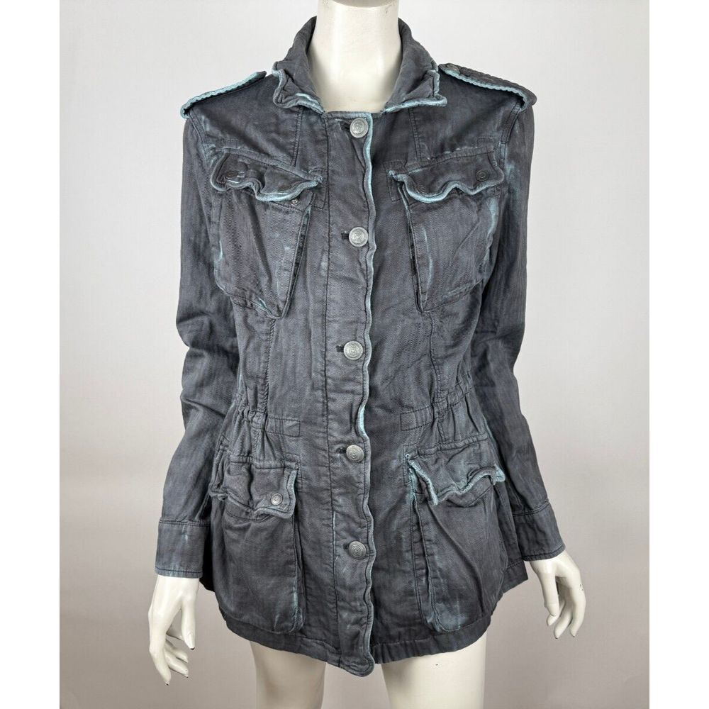 Free People Double Cloth Military Jacket Women S EUC Full Zip Distressed Gray